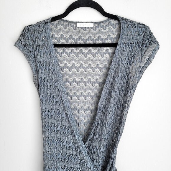 Promod Gray Metallic Knit Crochet Lace Wrap Cap Sleeve Cardigan - Picture 3 of 8